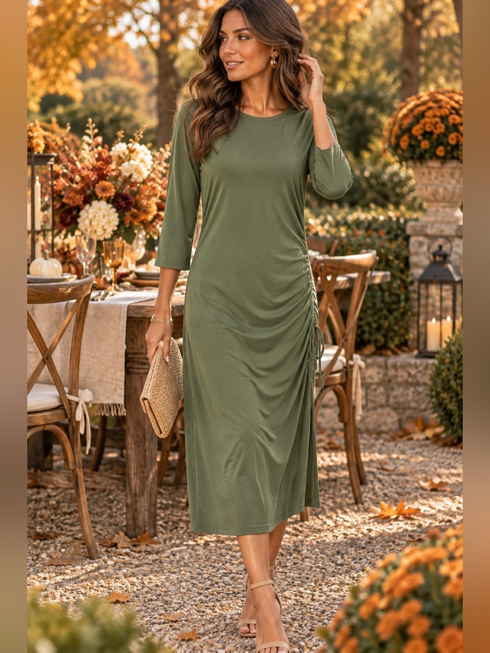 Banana Republic M Olive Green Ruched Drawstring Midi Dress Stretch 3/4 Sleeve